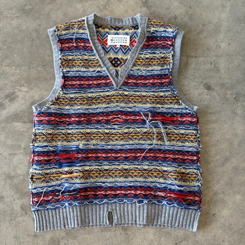 Maison Margiela Fair Isle Knit Distressed Sweater Vest Multicolor Size M